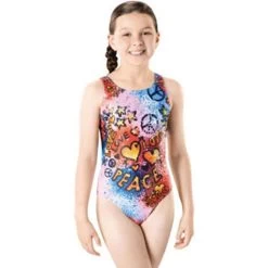 Maru - Peace Sparkle Rave Back Girls Swimsuit - Blue/Silver