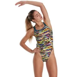 Speedo - Womens Digi Interference Allover Starback Swimsuit - Yellow/Red