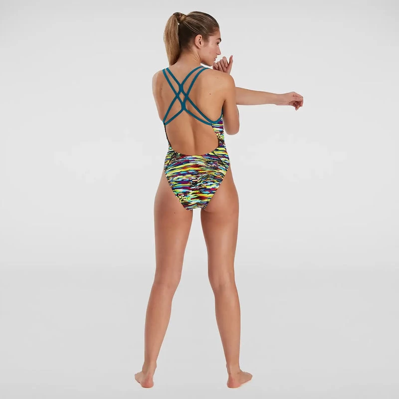 Speedo - Womens Digi Interference Allover Starback Swimsuit - Yellow/Red - Image 2